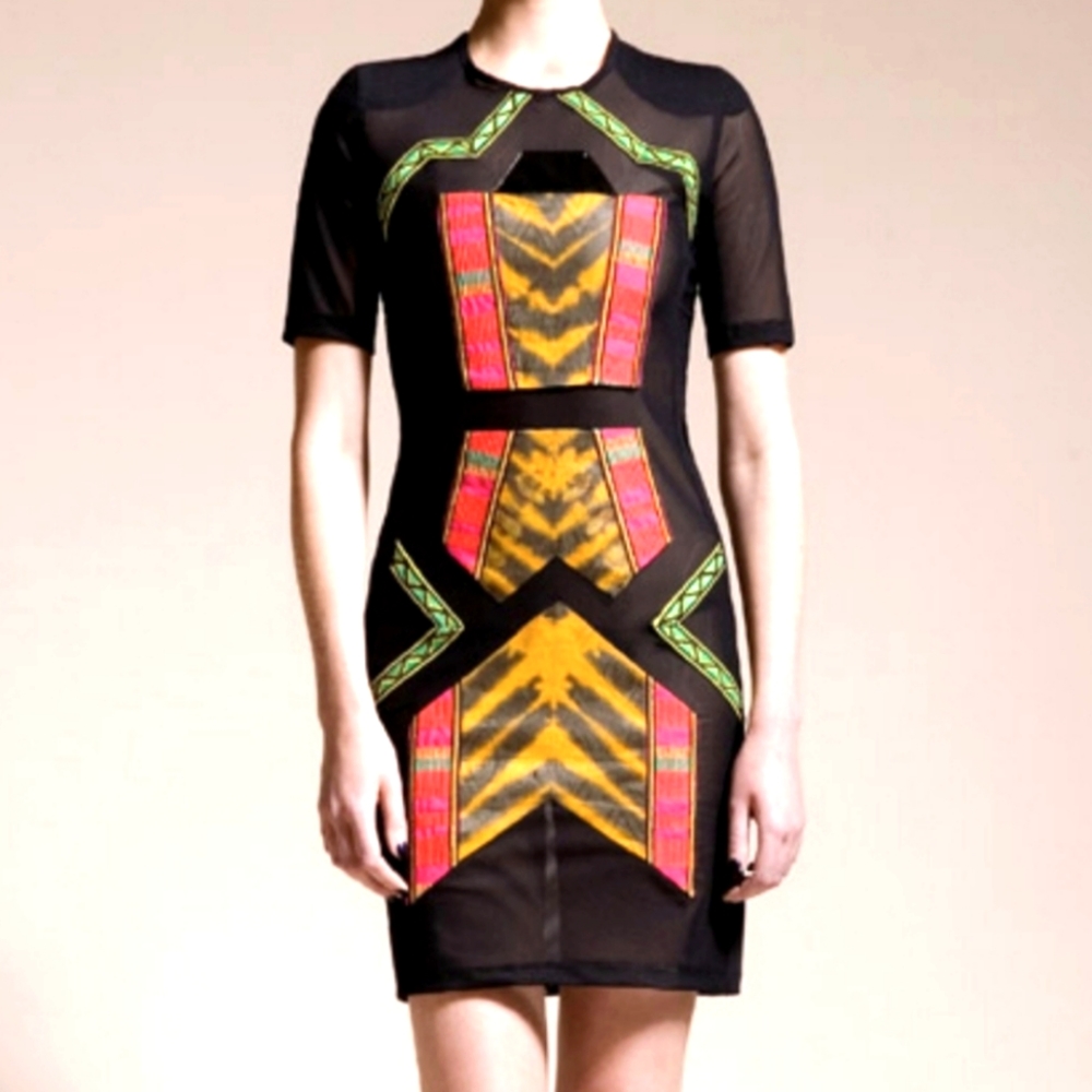 Tina Kalivas Neon Aztec Mesh Bodycon Dress